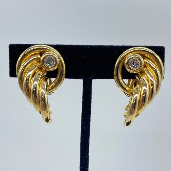 Vintage Rhinestone Tube Knot Gold Tone Swirl Clip on Earrings - Picture 1 of 9